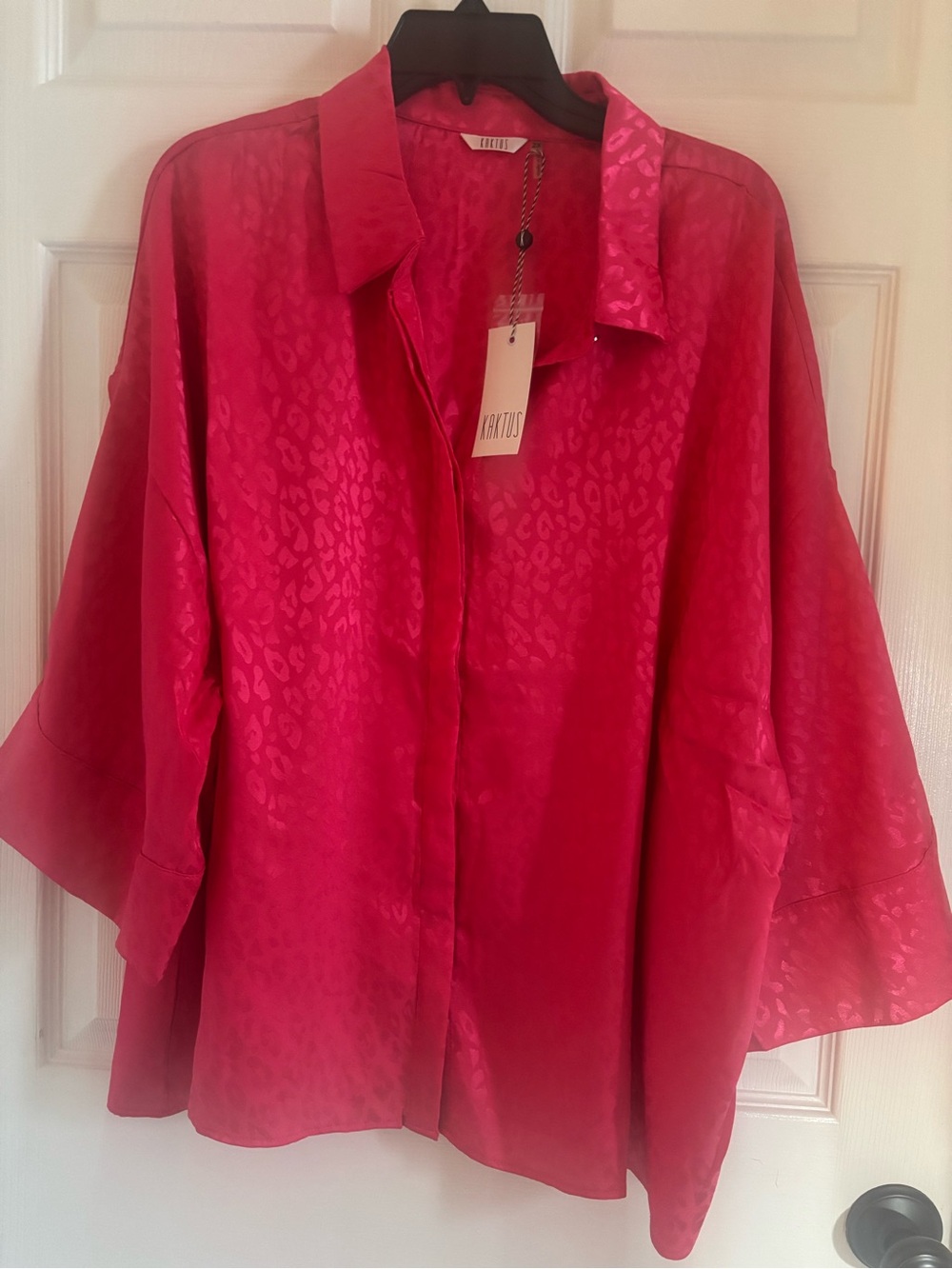 Kaktus Satin Jacquard Button Down Shirt Fuchsia Pink 2X